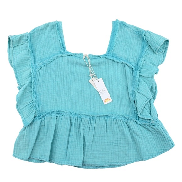C&C California Tops - 100% Cotton NWT C&C California Turquoise Gauze Boho Ruffle Peplum Blouse SZ M